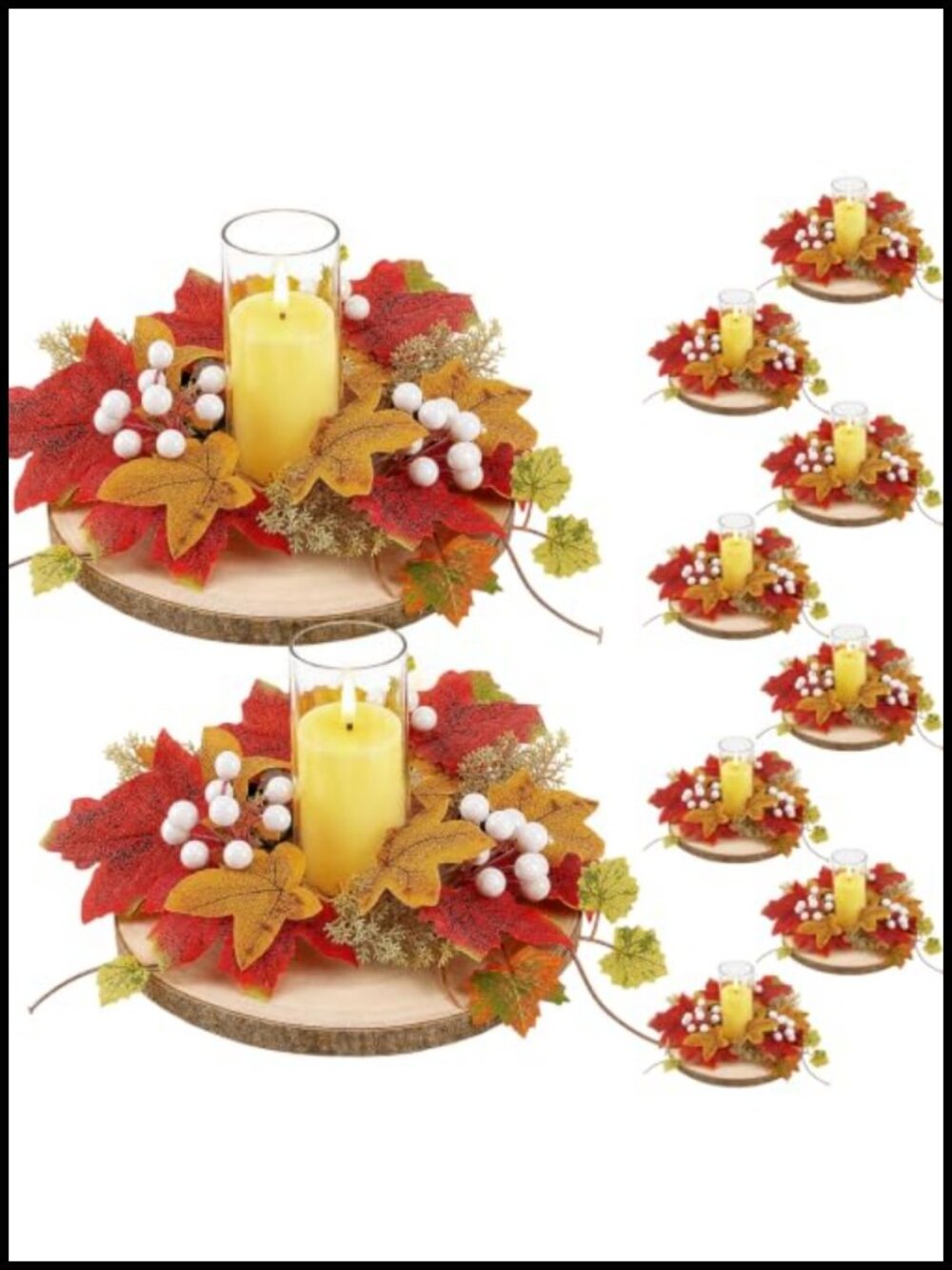 10 Set Fall Centerpieces for Tables with Wood Slices & LED Candles
